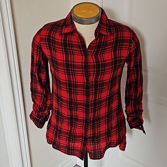 Japana Women's Buffalo Plaid Flannel Long Sleeves Button Down Shirt Medium Red - Picture 7 of 16
